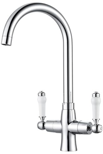 Sistaby Mitigeur de cuisine traditionnel 1 trou double levier victorien chromé avec poignées en porcelaine Style vintage Robinet mitigeur d'évier col de cygne Robinet en laiton Bec pivotant à 360°