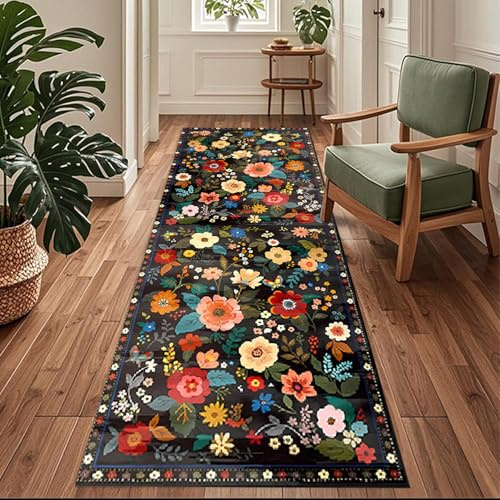 Siunwdiy Flurläufer Extra Lang 60x300cm Blumenmuster - Teppichläufer rutschfest, Flurteppich，Küchenteppich Waschbar Schwarz Küchenläufer für Küche, Korridor, Schlafzimmer, Eingang, Büro, Wohnzimmer