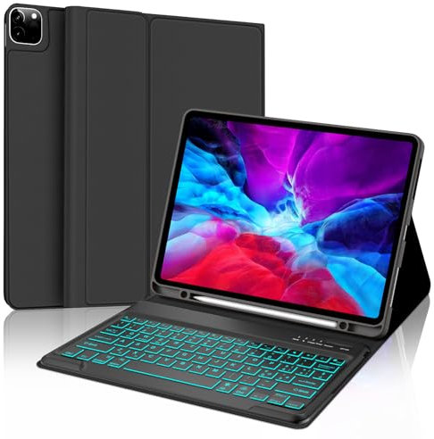 Funda con Teclado para iPad Pro 12.9, Teclado Bluetooth Retroiluminado de 7 colores, Con Ranura para Lápiz, Diseño QWERTY en Español para iPad Pro 12.9 6ª 2022 /5ª 2021/4ª 2020/3ª Gen 2018, Negro