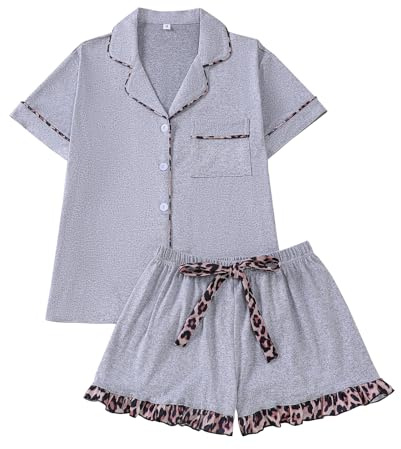 RONGTAI Pajama Set for Women Two Piece Leopard Short Sleeve Button Down Sleepwear Tops and Ruffled Shorts Pjs Grey Lounge Sets Summer Soft Valentines Loungewear XL