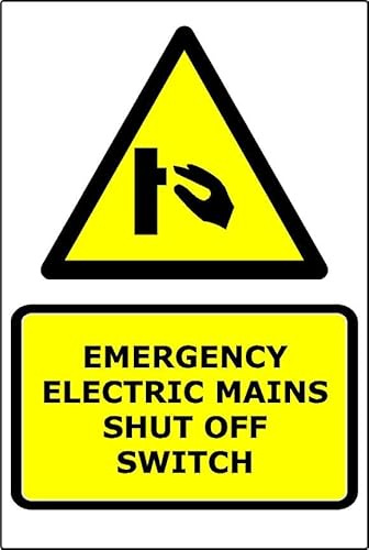 Emergency Electric Mains Shut Off Switch | 20cm x 15cm | Red/White - PVC Plastic Sign for Industrial Sites, Factories, Electrical Panels, Workplace Safety | UK-Made with Renewable Energy