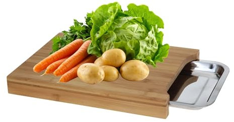 mucHome Schneidebrett aus 100% Bambus mit Edelstahl Auffangschale - antibakterielles Holz-Brett 35 x 25 cm - messerschonendes Bambusholz Küchenbrett