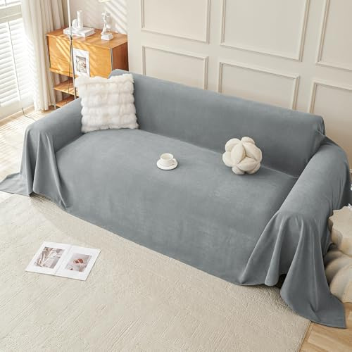 Royhom Sofa Überzug, Chenille Couch Überzug Ecksofa, Sofabezug L Form, Sofa Schutzdecke, Sofahusse mit Armlehne, Sofaüberwurf Decke Weich und Bequem, Grau, 300x180 cm