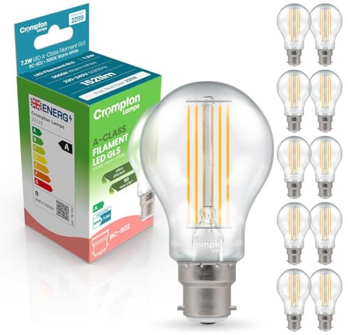 Crompton LED Ultra-Efficient GLS Light Bulbs B22 7.2W (100W Eqv) Warm White 3000K Bayonet Filament (10 Pack)
