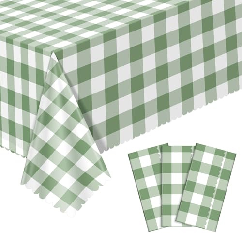 NatNarr Lot de 3 nappes jetables à carreaux vert sauge, 137,2 x 274,3 cm, nappes festonnées imperméables pour pique-nique, anniversaire, barbecue, thé, mariage