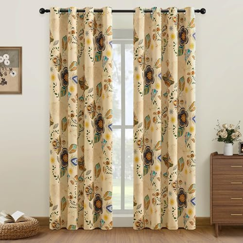 XiDi Beige Boho-Botanik Verdunkelungsgardinen 214cm 2 Panels Thermoisolierung Ösenbefestigung Luxury Vintage-Pflanzenmuster für Schlafzimmer/Wohnzimmer FloB Beige52/84