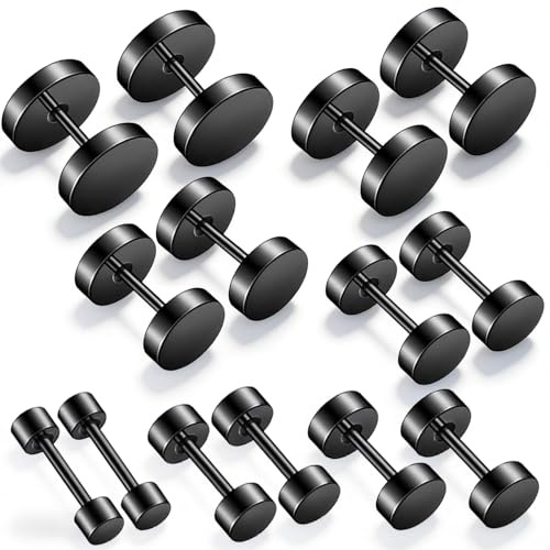 HJZHII 7 Pairs Fake Gauge Earrings 14 Pcs Stainless Steel Round Screw Studs | Tapers Fake Plugs for Men Women Ear Tunnel, Black, 4-10 mm(7 Sizes)