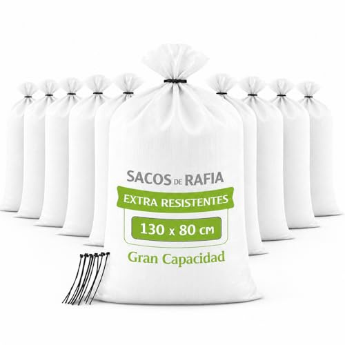 Sacos para Escombros 130x80 cm de Rafia PP Blanca Extra Resistentes – 10 Sacos de Construcción Grandes para Jardín, Obras y Residuos – Alta Capacidad y Durabilidad – Bridas de Cierre Incluidas