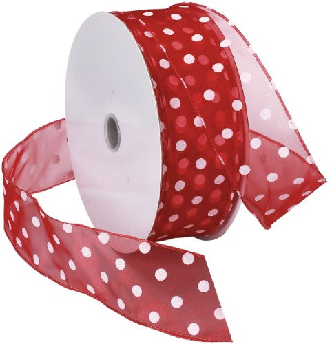 Morex Ribbon Schleifenband mit Draht, rot/weiße Punkte.