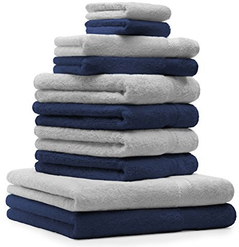 Betz 10-TLG. Handtuch-Set Premium 100% Baumwolle 2 Duschtücher 4 Handtücher 2 Gästetücher 2 Waschhandschuhe Farbe Dunkel Blau & Silber Grau