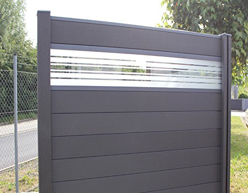 WPC/BPC Sichtschutzzaun dark grey 6 Zäune inkl. 7 Pfosten und Motivverglasung Sichtschutz Gartenzaun Zaun terrasso