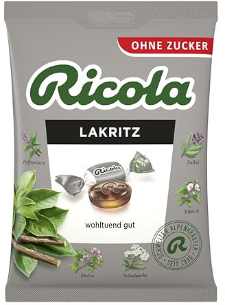 Ricola Lakritz, 75g Beutel Original Schweizer Kräuter-Bonbons mit 13 Schweizer Alpenkräutern, zuckerfrei, 1 x 75g, vegan