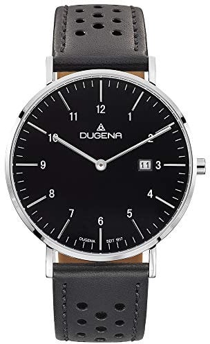 Dugena Herren-Armbanduhr Manhattan, Quarz, Edelstahlgehäuse, Saphirglas, Lederarmband, Dornschließe, 3 bar, Farbe:Schwarz