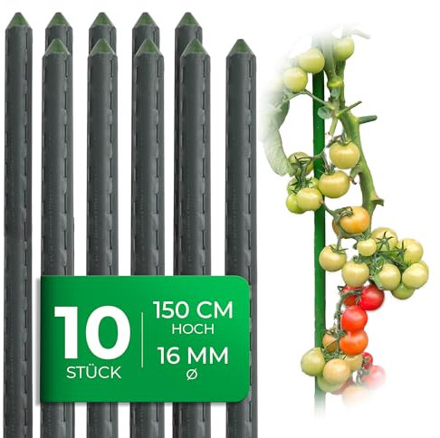 Novatool 10 Stück Pflanzstäbe 150cm grün 16mm ⌀ sehr stabil Metallrohr kunststoffummantelt Rankstäbe für Pflanzen Rankhilfe Gurken Tomatenstäbe für Kletterpflanzen Rankstab Pflanzstab 150 cm