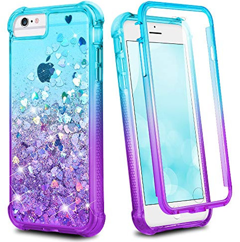 Ruky for iPhone 8 Plus Case, Full Body Clear Glitter Liquid Cover with Built-in Screen Protector Shockproof Women Case for iPhone 6 Plus 6s Plus 7 Plus 8 Plus (Teal Purple)
