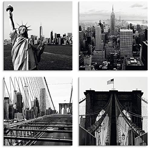 ARTLAND Wanddeko Leinwand Bilder Set 4tlg. je 30x30 cm Quadratisch Wandbilder USA Amerika New York Freiheitsstatue Manhattan Brooklyn Schwarz Weiß U1NT