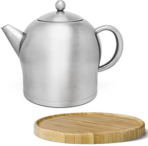 große matte doppelwandige Edelstahl Teekanne 2.0 Liter &Teebereiter ohne Filter brauner Untersetzer aus Holz