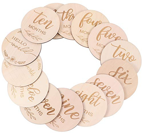 NUOBESTY 14pcs Wooden Baby Monthly Cards Newborn Milestone Discs for Baby Shower Photo Props