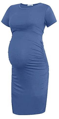 Smallshow Robe de Maternité à Manches Courtes pour Femmes Vêtements de Grossesse Froncés,Grey Blue,M