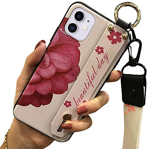 Coque à bandoulière compatible avec Apple iPhone 11 avec dragonne, support, dragonne en silicone souple résistant aux chocs - Coque de protection en forme de fleur pour femme (demi-fleur)