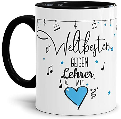 Berufe Tasse - Weltbester Geigen Lehrer - Geschenk für den weltbesten Musiklehrer, Musikunterricht, Lehrer - Keramik Innen & Henkel Schwarz, 300 ml I Geige
