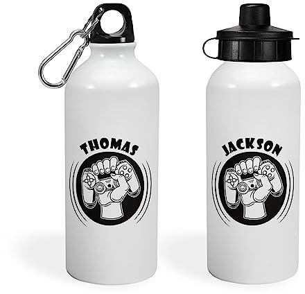Print Maniacs Personalised Water Bottle School Sport Cap Drink White Silver 600ml or 400ml Aluminium Kid Boys Girls Biking Gift Gaming (White, 400ml)