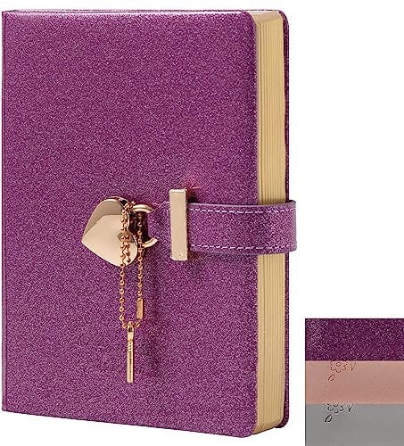 Herzschloss Journal Notizbuch mit Schlüssel, Glitzer Lila PU Leder Tagebuch B6 Journal zum Schreiben, 144 Blatt liniertes Papier, Geschenk für Mädchen, Frauen