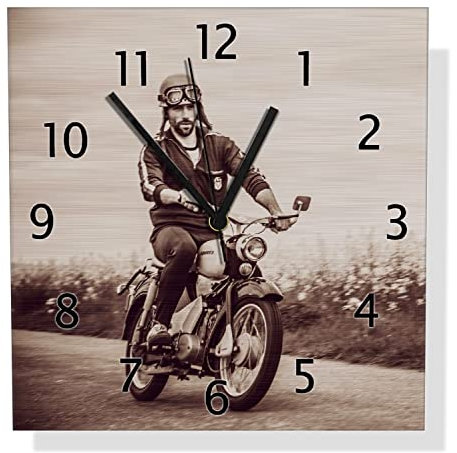 Wallario Design Wanduhr Simson Fahrer in der DDR in Sepiafarben aus Aluverbund, Alu-Uhr Größe 30 x 30 cm, Schwarze Zeiger mit Metalloptik