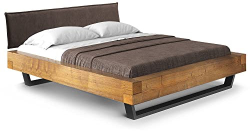 moebel-eins CURBY Balkenbett mit Polster-Kopfteil, Kufenfuß, Material Massivholz, 200 x 220 cm, Vintage, Stoff Braun