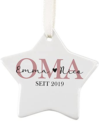 Herz & Heim® Christbaum Geschenk-Anhänger Keramik-Stern mit gratis Namensaufdruck Oma