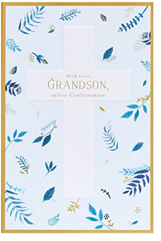 UK Greetings Konfirmationskarte für Enkel, mit Umschlag, Motiv blaue Blätter