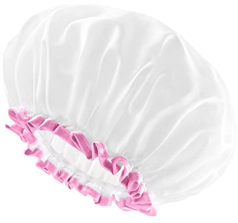 mikimini White Large Shower Caps for Women Long Hair Pack of 2, Reusable Waterproof Double Layers Bathing Hair Cap Soft Comfortable PEVA Lining, Cute, Non-fading & Stretchy Shower Hat X-Large