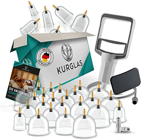 KURGLAS Schröpfgläser mit Vakuumpumpe [24 Stück] - Medizinische Schröpfen mit Therapiemagneten & Faszienschaber - Schröpfset mit e-Book - Schröpfglas aus Kunststoff - Gegen Verspannungen & Cellulite