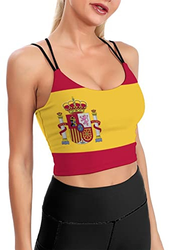 Melbrakin Top Corto con Estampado de la Bandera de España para Mujer, Camiseta de Tirantes para Entrenamiento, Sujetador de Yoga