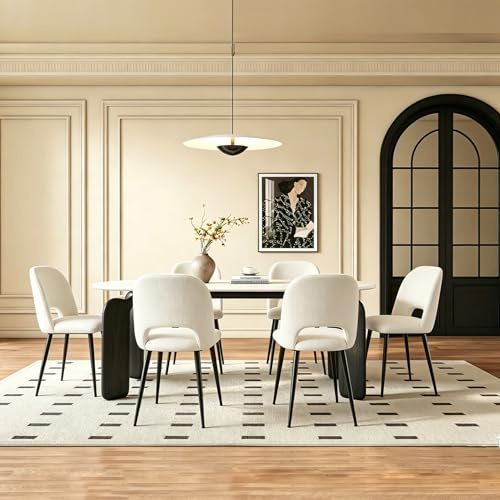 Chleby Stoffsessel Esszimmerstühle 6er Set, Gepolsterte Esszimmerstuhl | Küchenstuhl mit Gebogene Rückenlehne und Metallbeine, Ergonomische Rückenlehne, für Esszimmer, Schlafzimmer, Wohnzimmer, Weiß