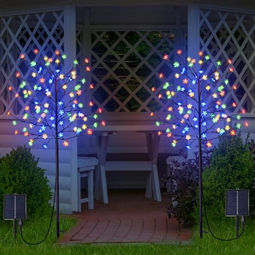 GOESWELL 1.5M 104LED Solar Lights Outdoor, Cherry Blossoms Christmas Solar Garden Light Trees with Adjustable Branches for Pathway,Yard,Lawn,Backyard,Holiday Party Decoration(Colour)