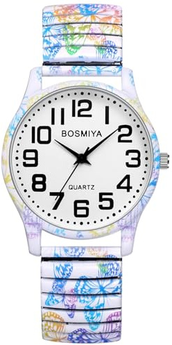 OIDEA Womans Stretch Band Watches: Big Dial Clear Number Women's Easy Reader Watches Bohemian Printed Analog Quartz Bracelet Watch Expansion Band Wristwatch