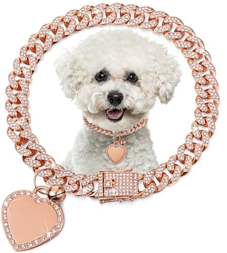 Hillban Dog Chain Gold-Plated Diamond Collar with Heart Rhinestones Jewelry Pet ID Tag Chain Heart Bling Collar with Personalized Name Tag for Small Medium Large Dogs Cats(Rose Gold,8 Inch)