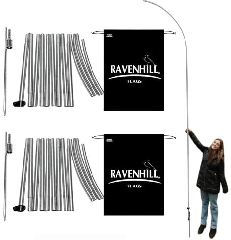 Ravenhill Feder-Fahnenmast-Set, bis zu 4,5 m, mit drehbarem Erdspieß, hergestellt aus verstärktem Aluminium, widersteht Wind von 40 km/h, ideal für Geschäftswerbung im Freien (2er-Pack)