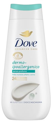 Dove Bagnoschiuma Dermo-Ipoallergenico, Bagnodoccia Idratante, Formula Delicata sul Microbioma della Pelle, Agenti Idratanti Vegetali, Senza Solfati SLES, Bagnodoccia Uomo e Donna, 225ml