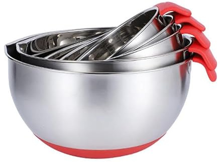 Herzberg HG04036 Set mit 3 Stahlschüsseln mit Reibedeckel, rutschfester Boden, Messlinien, ergonomische Griffe aus Silikon, 1,5 l, 3 l und 5 l, BPA-frei, spülmaschinenfest