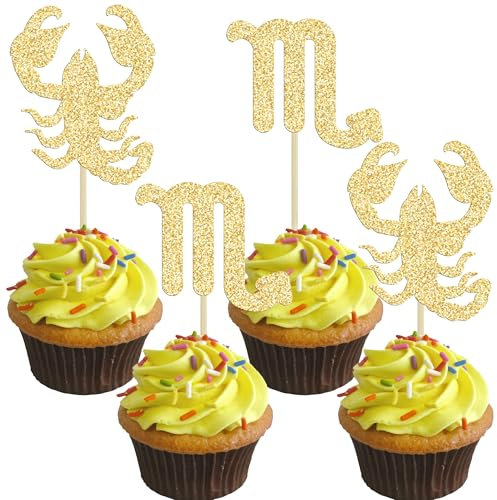 Gyufise Cupcake-Topper, glitzernd, 12 Sternbilder, Skorpion, Kuchendekoration, Oktober, November, Geburtstag, Cupcake-Dekoration für Horoskop, Astrologie, Geburtstag, Party, Gold, 24 Stück