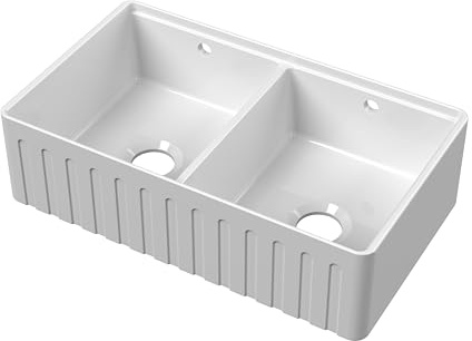 Balterley 795mm Butler White Kitchen Sink, Fluted Front Double Bowl Stepped Weir with Ledge & Overflow Hole, Durable Butler Fireclay Ceramic Kitchen Sink Bowl, Apron Front - 795 x 500 x 220mm (White)