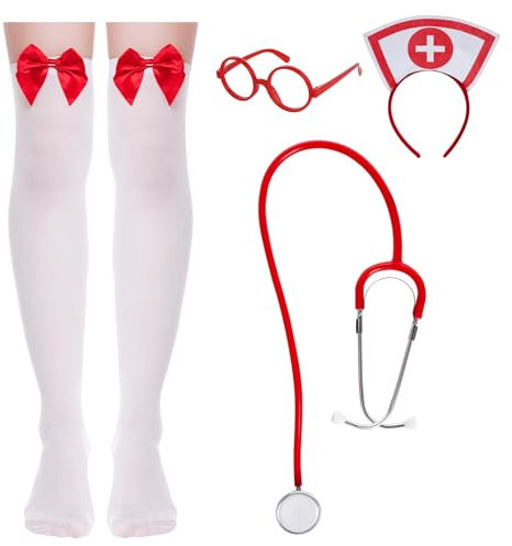 Krankenschwester Kostüm Halloween Frauen Krankenschwester Kostüm Zubehör Roter Krankenschwester Hut Stirnband Brille Stethoskop Hohe Socke für Halloween Karneval Krankenschwester Cosplay Party
