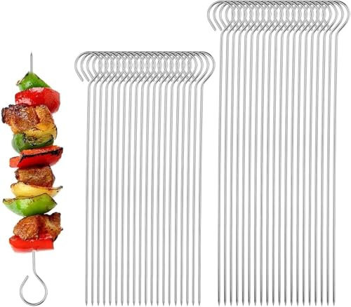 CTDMJ Spiedini per shish kebab, in acciaio inox, 40 pezzi, in metallo, per carne, pollo, gamberetti, frutta, verdura (20 cm + 25 cm)