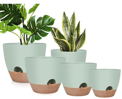 Zinaroty Self Watering Planters with Drainage Hole,Flower Pots with Deep Reservoir for Indoor Outdoor Garden Plants,5-Pack Plastic Flower Pot,5,5.5,6,6.5,7 Inche (Light Green)