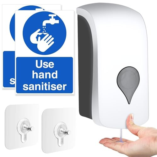 1000ML Soap Dispenser, Wall Mounted Liquid Soap Dispenser, Manual Gel Liquid Shampoo Detergent Container for Bathroom Kitchen Hotel School Office USE HAND SANITISER Sign Stickers (White)