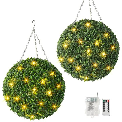 Litake 2X 40CM Kunstpflanze Buchsbaumkugel, künstliche Pflanze Buchsbaum Kugel mit 30 LED-Leuchten mit 8-Modus batteriebetrieben und Fernbedienung dekorative für Hinterhof, Balkon (16inch(40.6cm))