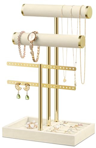 Josmimic Bracelet Holder Jewelry Organizer Display - 3 Tier T Bar Velvet Stand, Beige Jewelry Storage for Bracelet, Necklaces, Earrings, Rings, Watches