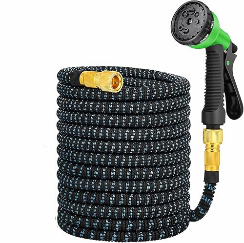 Tubo Acqua Estensibile da Giardino, 15 Metri, con Pistola Spray Multi-Funzione Verde e Nero 8 Modalità di Spruzzo, Flessibile Raccodi di Qualità in Ottone (1500, Centimetri)